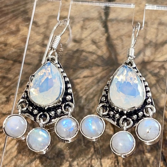 Rainbow Moonstone & Synthetic Opalite Earrings 1 1/2” - Picture 7 of 12